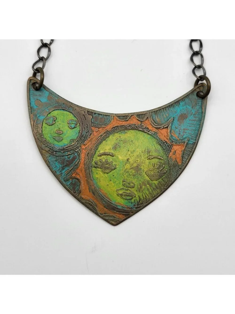 Artisan Necklace Brass Celestial Sun Moon Festival painted whimsical Goddess